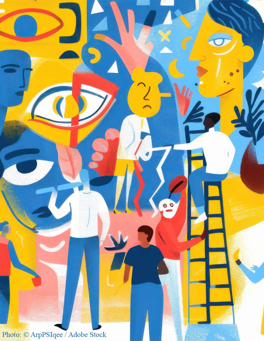Cover artwork for The Future of Peace: an illustrated crowd of faces and figures in blue, yellow and red