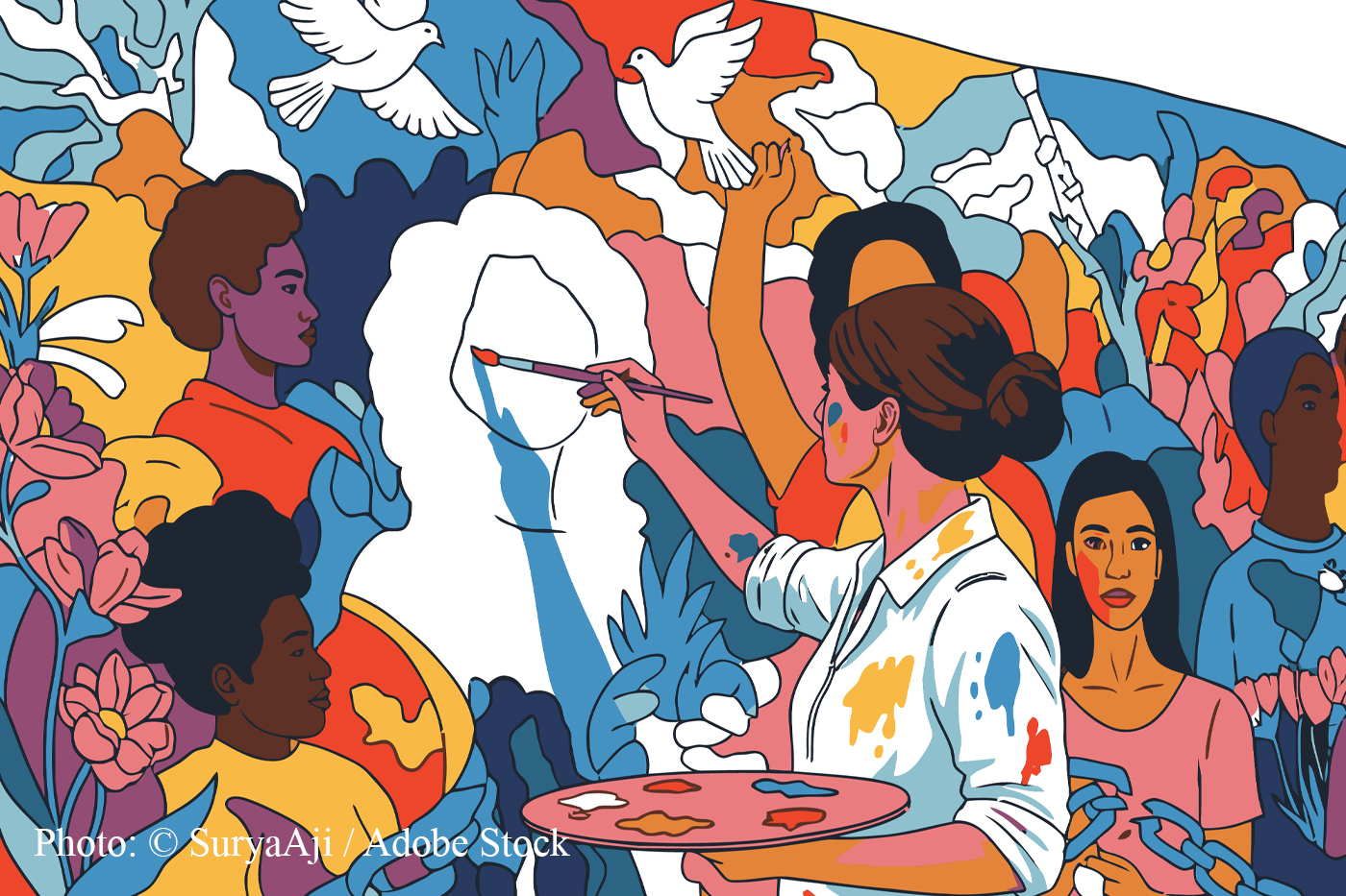 Illustration of a painter at work among figures, flowers and doves