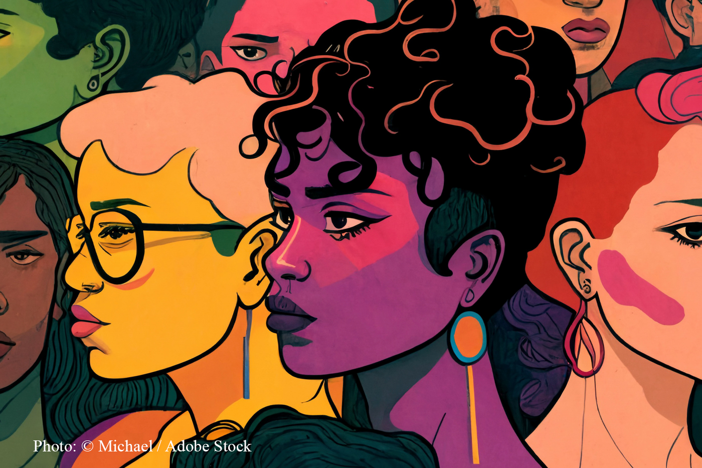 Illustrated row of faces in close profile, in yellow, purple and pink