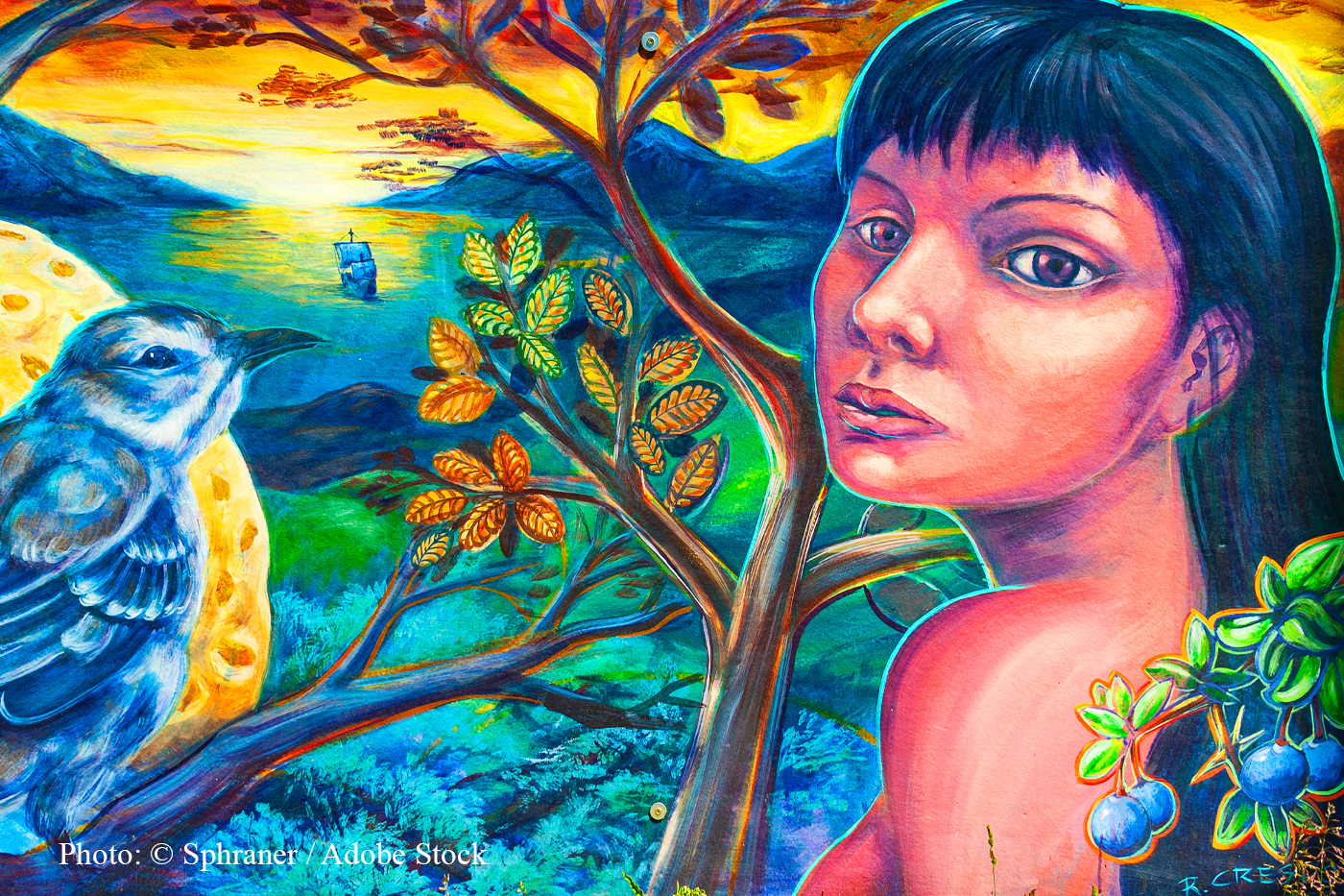 Mural of a bird and a woman among trees, water and berries at sunset