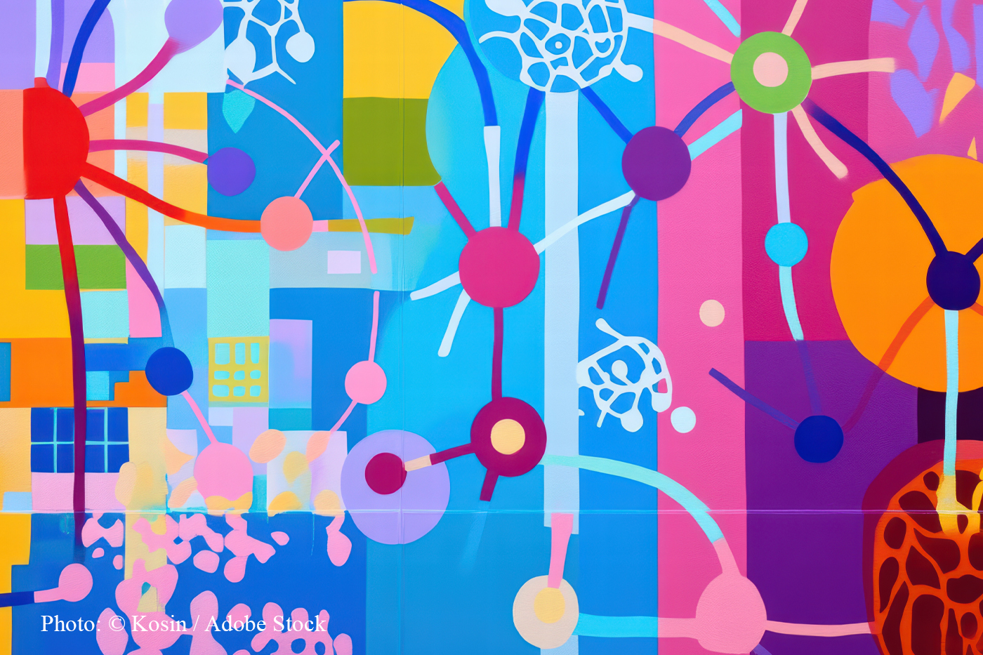 Painting of linked nodes and branching lines across blocks of bright colour